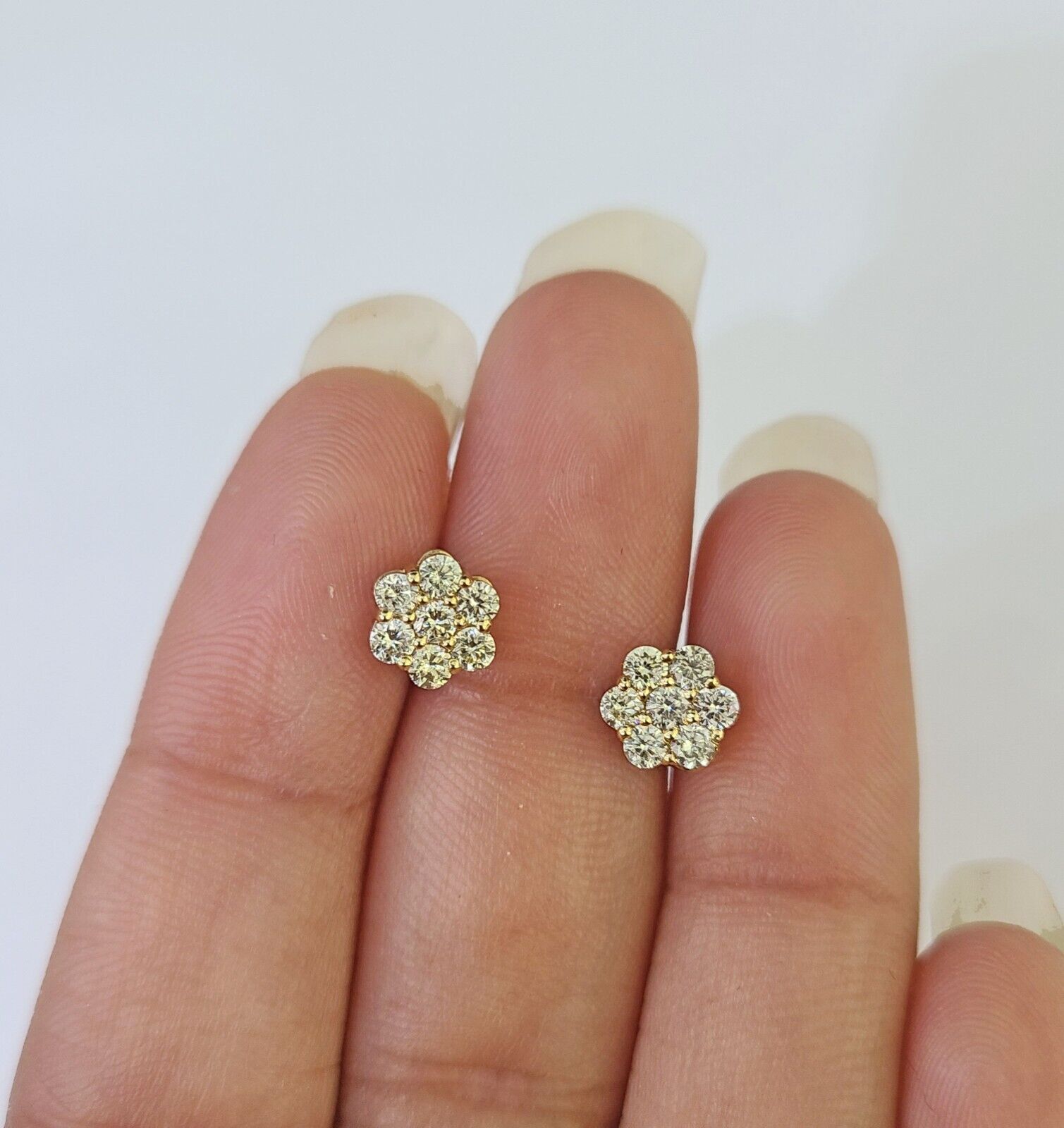 10k Yellow gold Flower Earrings Real Diamond screw - back Women Men studs - GoldenlinQ